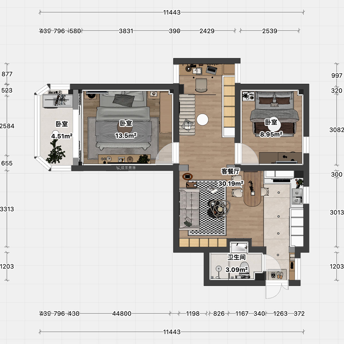 顾娟｜锁金二村21-1105-77㎡-现代风格｜2室2厅1卫｜旧房装修｜定制家｜全包11万｜00_04平面彩图